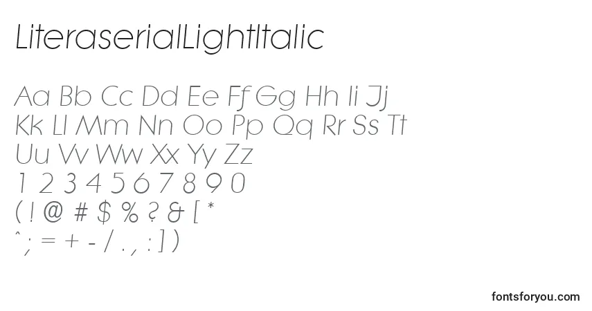 A fonte LiteraserialLightItalic – alfabeto, números, caracteres especiais