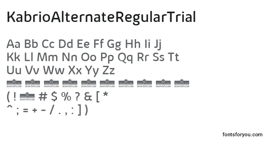 A fonte KabrioAlternateRegularTrial – alfabeto, números, caracteres especiais