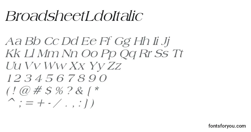 Шрифт BroadsheetLdoItalic – алфавит, цифры, специальные символы