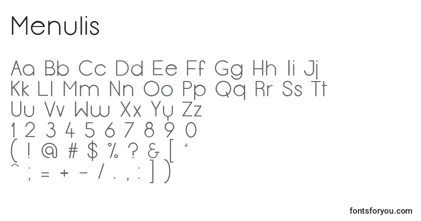 Menulis-fontti – aakkoset, numerot, erikoismerkit