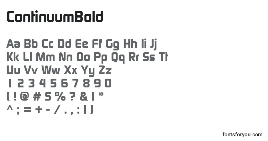 Czcionka ContinuumBold – alfabet, cyfry, specjalne znaki