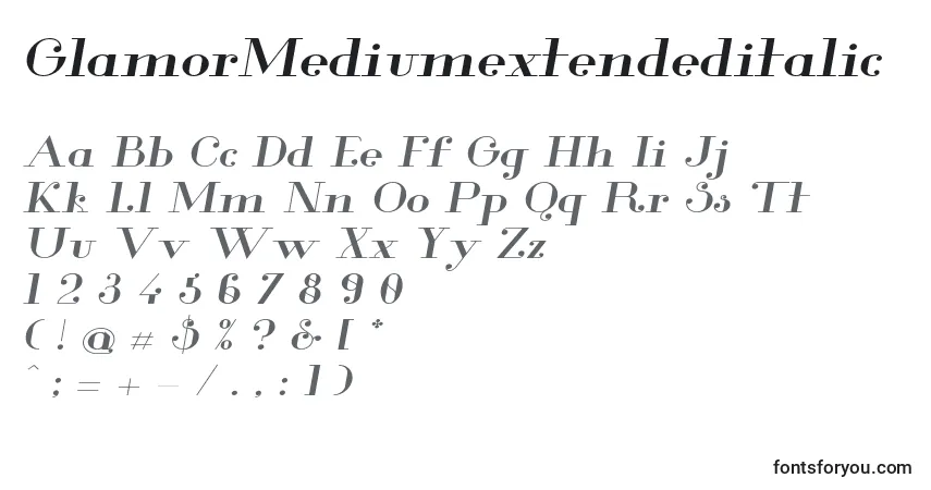 Schriftart GlamorMediumextendeditalic – Alphabet, Zahlen, spezielle Symbole