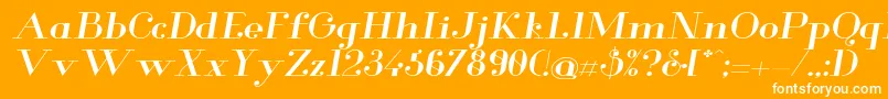 GlamorMediumextendeditalic-Schriftart – Weiße Schriften auf orangefarbenem Hintergrund
