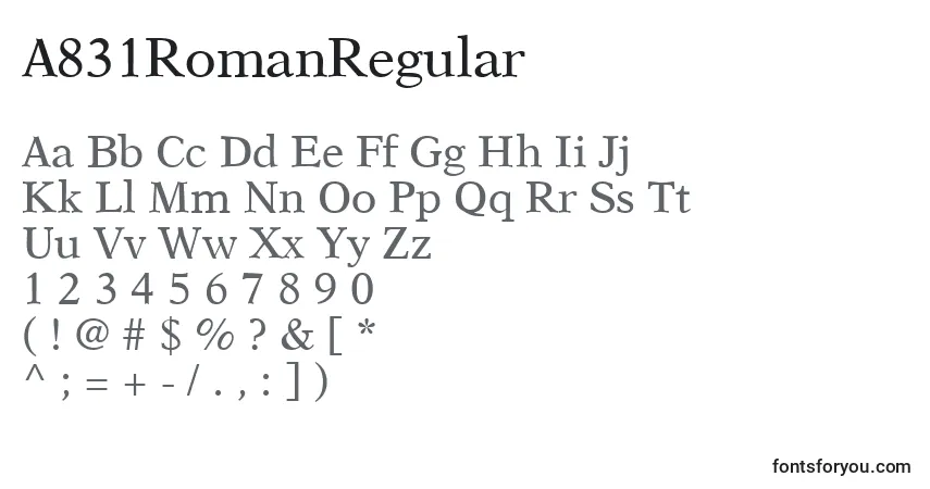 Czcionka A831RomanRegular – alfabet, cyfry, specjalne znaki