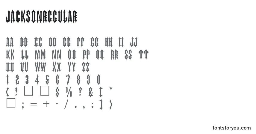 Czcionka JacksonRegular – alfabet, cyfry, specjalne znaki