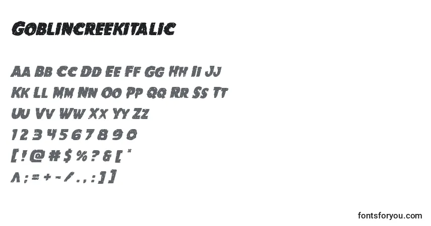 A fonte Goblincreekitalic – alfabeto, números, caracteres especiais