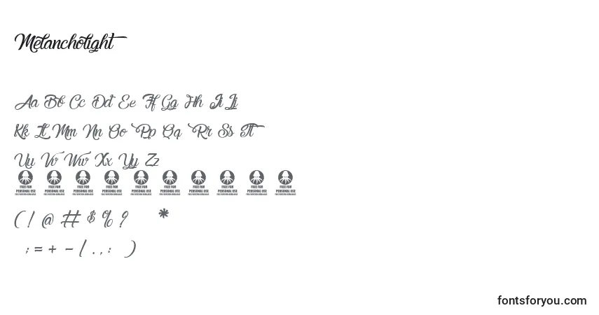 Schriftart Melancholight – Alphabet, Zahlen, spezielle Symbole