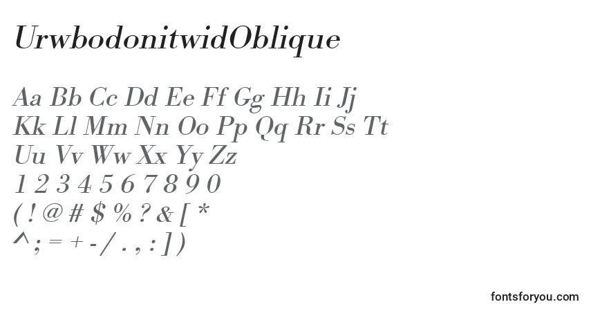 Шрифт UrwbodonitwidOblique – алфавит, цифры, специальные символы