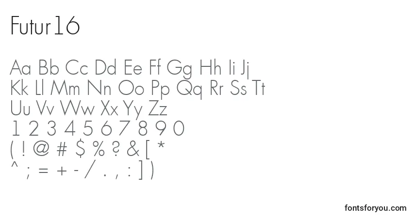 Futur16-fontti – aakkoset, numerot, erikoismerkit