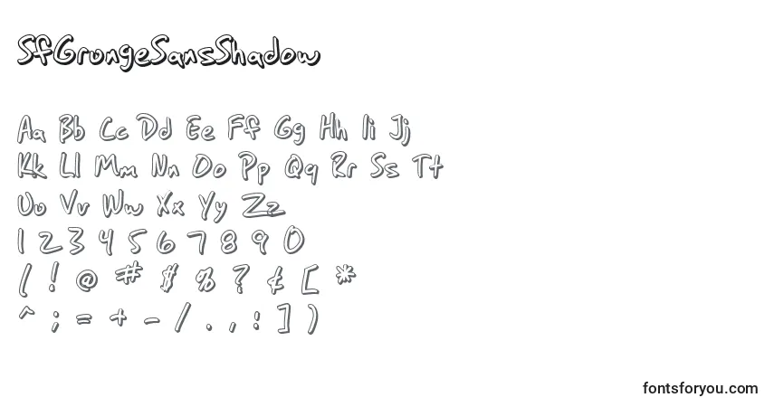 Czcionka SfGrungeSansShadow – alfabet, cyfry, specjalne znaki