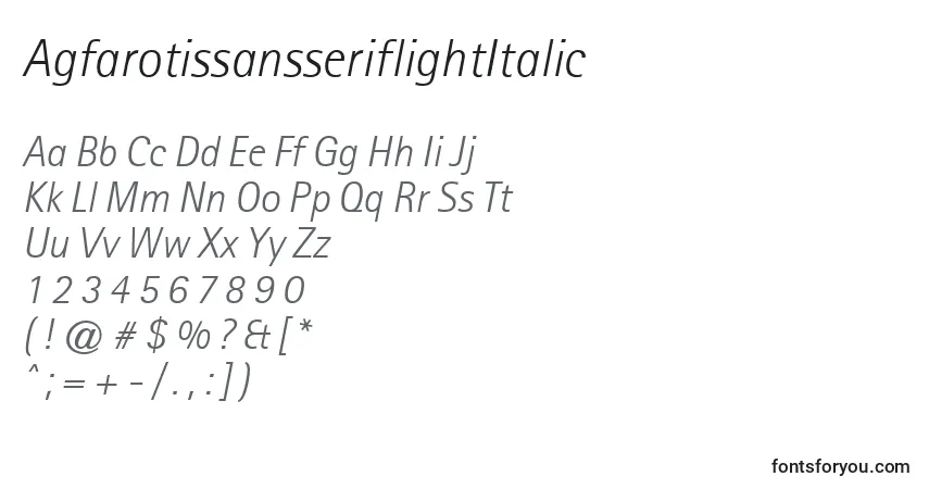 A fonte AgfarotissansseriflightItalic – alfabeto, números, caracteres especiais