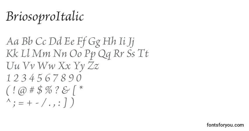 Шрифт BriosoproItalic – алфавит, цифры, специальные символы