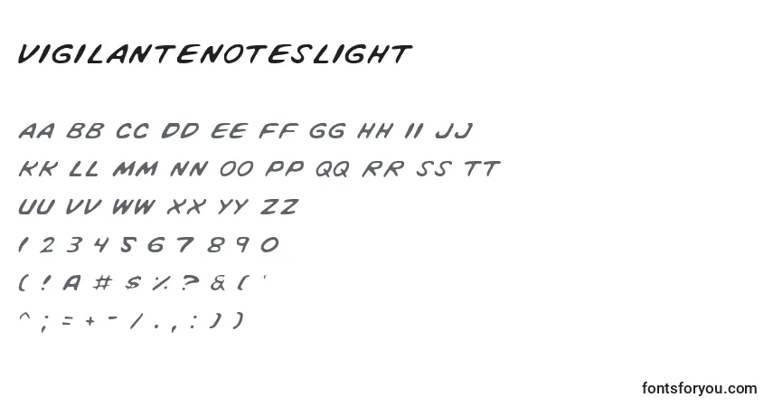 Schriftart VigilanteNotesLight – Alphabet, Zahlen, spezielle Symbole