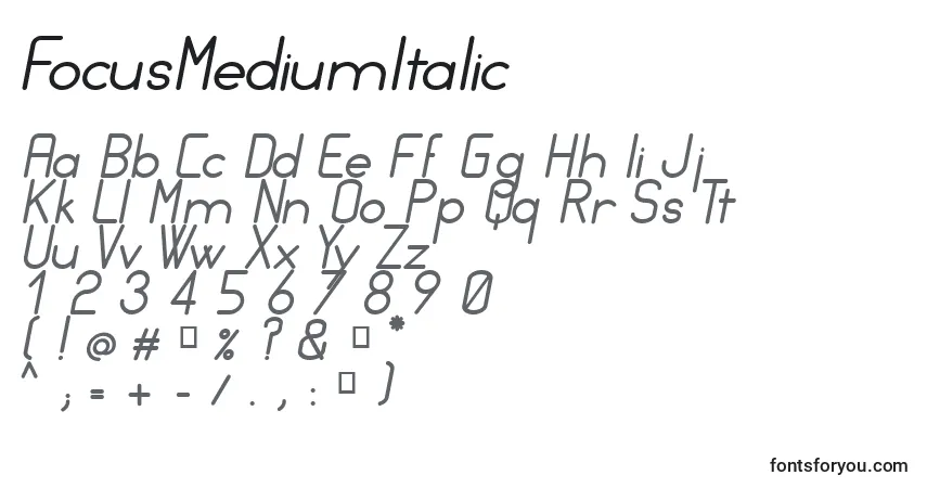 A fonte FocusMediumItalic – alfabeto, números, caracteres especiais