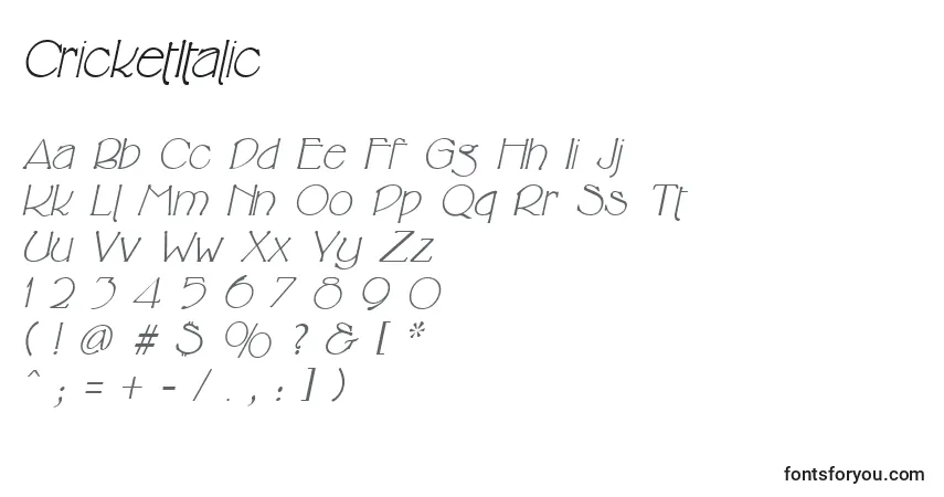 Czcionka CricketItalic – alfabet, cyfry, specjalne znaki
