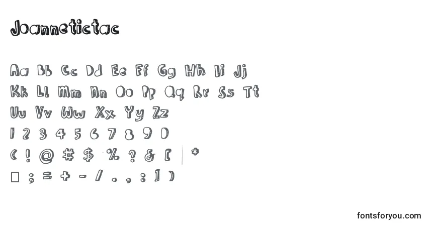 Czcionka Joannetictac – alfabet, cyfry, specjalne znaki