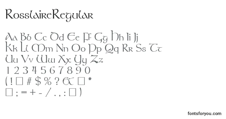 Czcionka RosslaireRegular – alfabet, cyfry, specjalne znaki