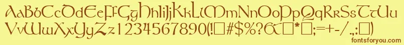 フォントRosslaireRegular – 茶色の文字が黄色の背景にあります。