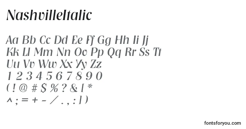 Шрифт NashvilleItalic – алфавит, цифры, специальные символы