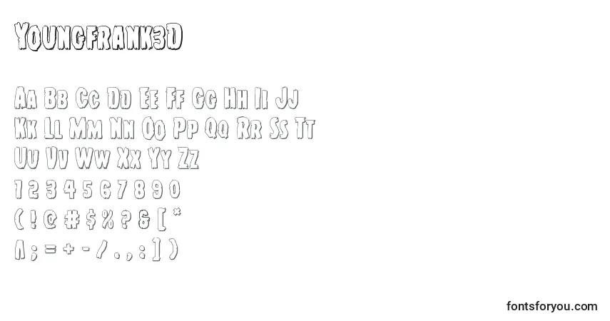 Schriftart Youngfrank3D – Alphabet, Zahlen, spezielle Symbole