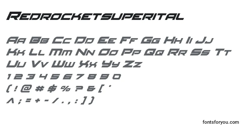 Czcionka Redrocketsuperital – alfabet, cyfry, specjalne znaki