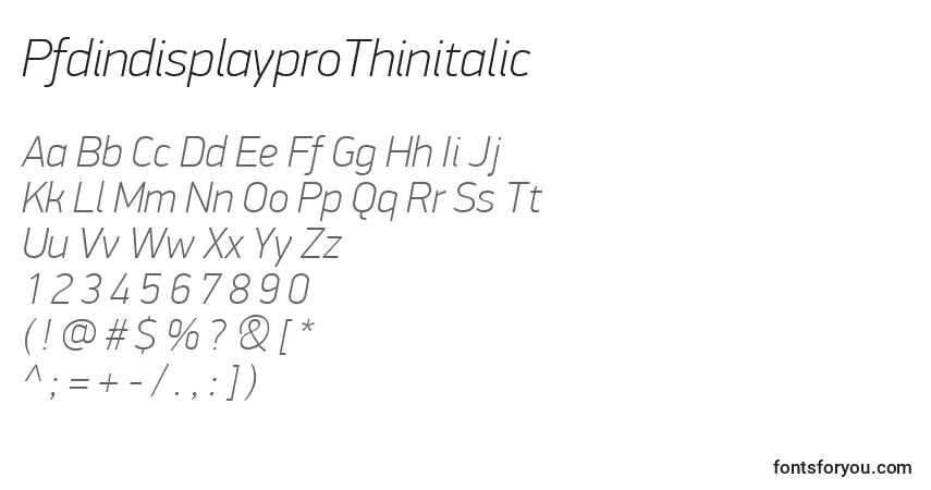 A fonte PfdindisplayproThinitalic – alfabeto, números, caracteres especiais