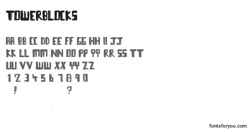 Czcionka Towerblocks – alfabet, cyfry, specjalne znaki
