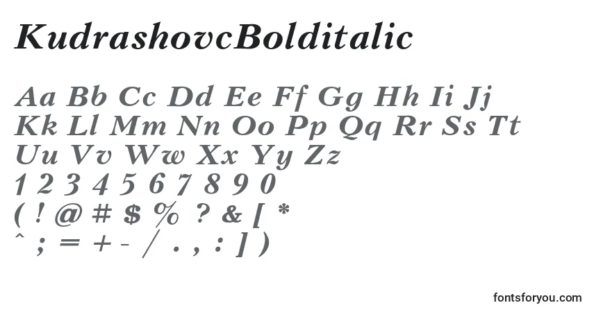 Czcionka KudrashovcBolditalic – alfabet, cyfry, specjalne znaki