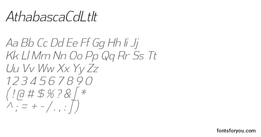 Czcionka AthabascaCdLtIt – alfabet, cyfry, specjalne znaki
