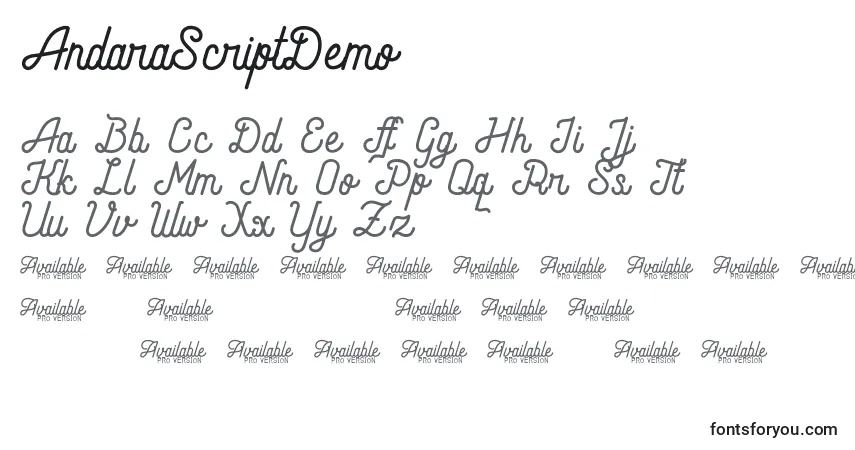 Шрифт AndaraScriptDemo (83331) – алфавит, цифры, специальные символы