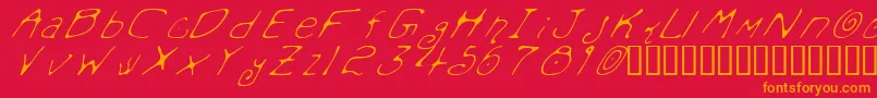 MondoMessoFontoItalic-Schriftart – Orangefarbene Schriften auf rotem Hintergrund