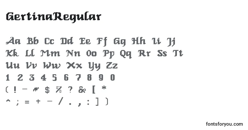 Czcionka GertinaRegular – alfabet, cyfry, specjalne znaki