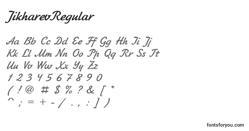 A fonte JikharevRegular – alfabeto, números, caracteres especiais
