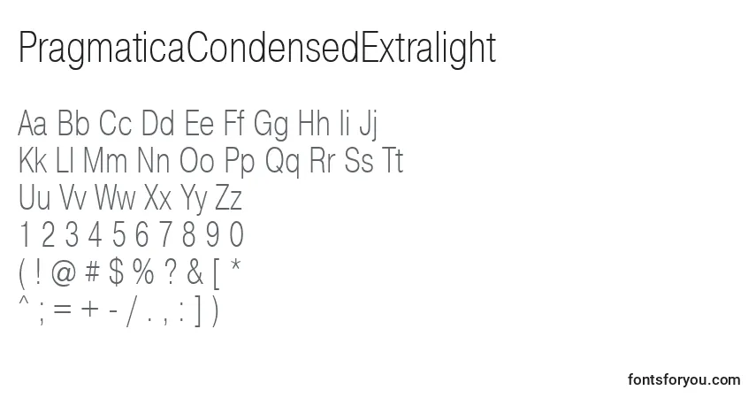 A fonte PragmaticaCondensedExtralight – alfabeto, números, caracteres especiais