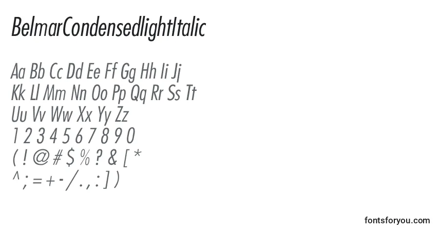A fonte BelmarCondensedlightItalic – alfabeto, números, caracteres especiais