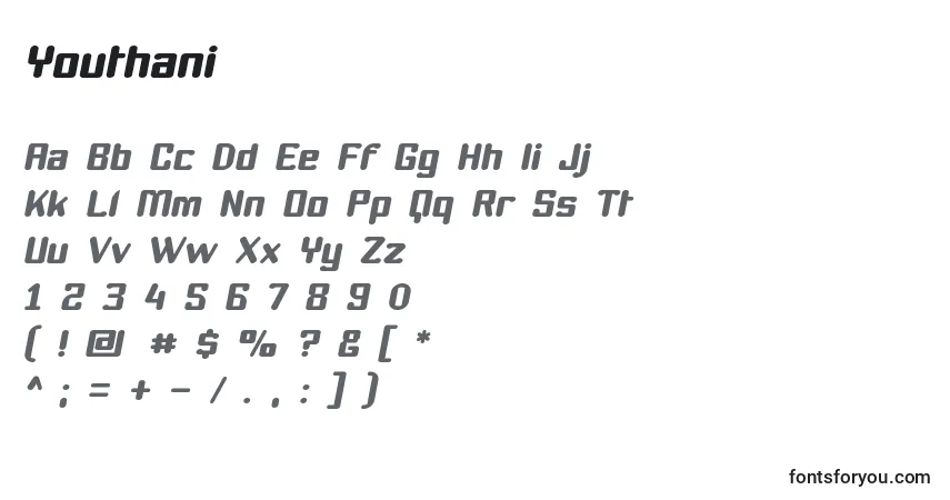 Schriftart Youthani – Alphabet, Zahlen, spezielle Symbole