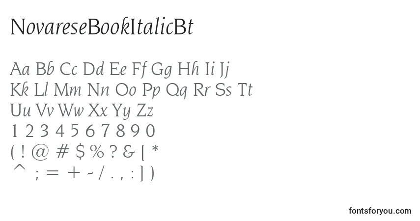 Czcionka NovareseBookItalicBt – alfabet, cyfry, specjalne znaki