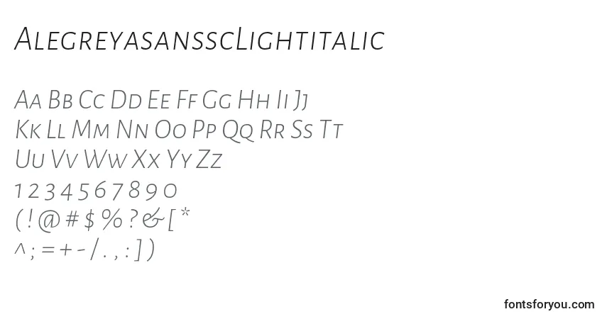 Fuente AlegreyasansscLightitalic - alfabeto, números, caracteres especiales