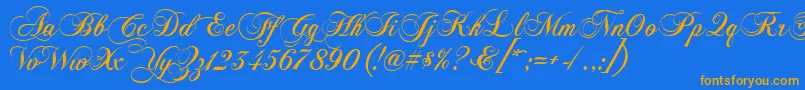 Weitere Informationen zur Chopinscript-Schriftart Chopinscript-Schriftart – Orangefarbene Schriften auf blauem Hintergrund