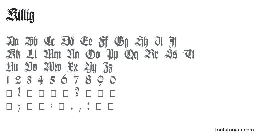 Czcionka Killig – alfabet, cyfry, specjalne znaki