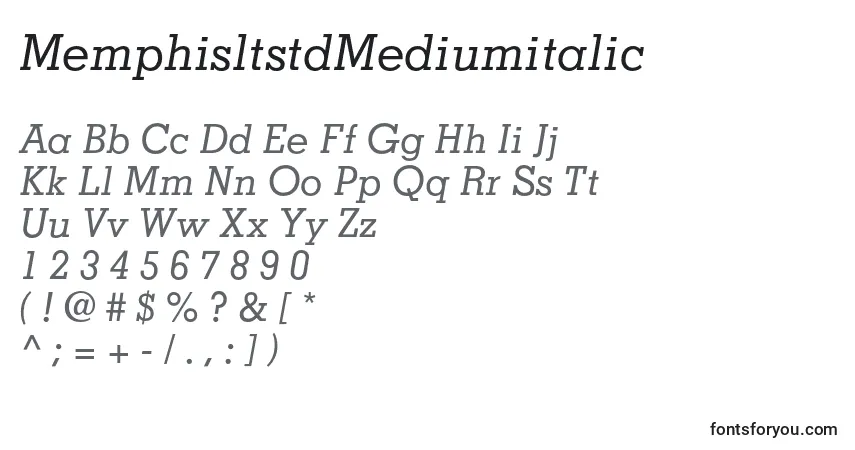 A fonte MemphisltstdMediumitalic – alfabeto, números, caracteres especiais