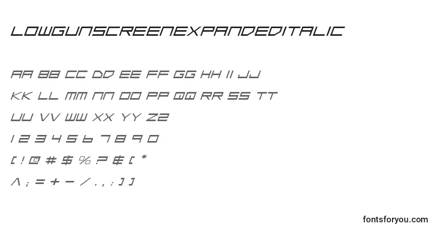 Czcionka LowGunScreenExpandedItalic – alfabet, cyfry, specjalne znaki