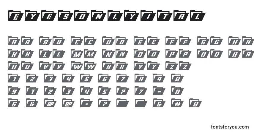 Schriftart Eyesonlyital – Alphabet, Zahlen, spezielle Symbole