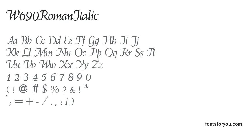 Шрифт W690RomanItalic – алфавит, цифры, специальные символы