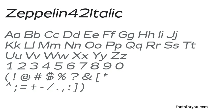 A fonte Zeppelin42Italic – alfabeto, números, caracteres especiais