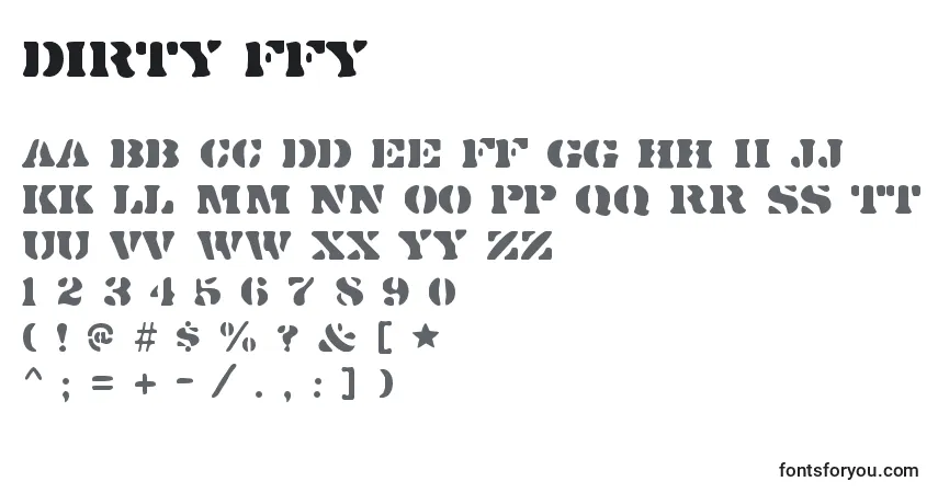 Schriftart Dirty ffy – Alphabet, Zahlen, spezielle Symbole