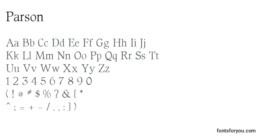 Czcionka Parson – alfabet, cyfry, specjalne znaki