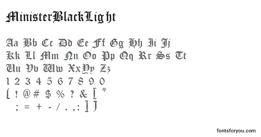 A fonte MinisterBlackLight – alfabeto, números, caracteres especiais