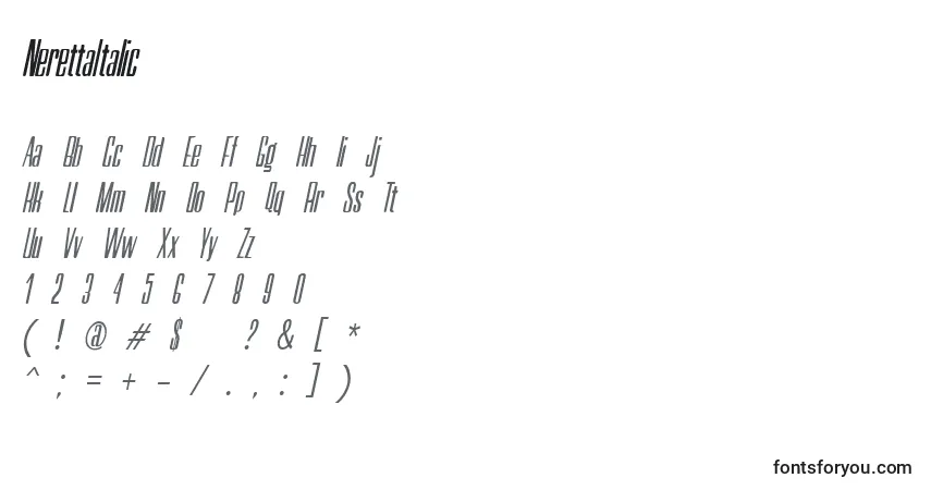 Шрифт NerettaItalic – алфавит, цифры, специальные символы