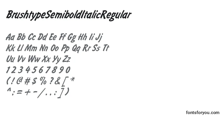 Czcionka BrushtypeSemiboldItalicRegular – alfabet, cyfry, specjalne znaki